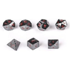 The perfect companion for your gaming needs! These premium, high-end cut stone polyhedral dice are exactly what you've been searching for that upcoming game night with the group. Each set weighs roughly 8 ounces and are stored in a quality, brushed metal tin with foam insert. These dice are a rich quality stone with nice weight to them and engraved each with crisp, easy-to-read numerals. Many styles and colors are available.
This set includes on of each: d20, d12, d10, d10 (percentile), d8, d6, and a d4