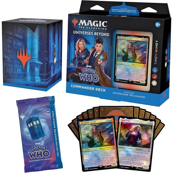 The Timey-Wimey MTG Commander Deck lets you team up with the Ninth, Tenth, and Eleventh Doctors and their fearless companions with a 100-card deck featuring 2 Traditional Foil Legendary cards and 98 nonfoil cards