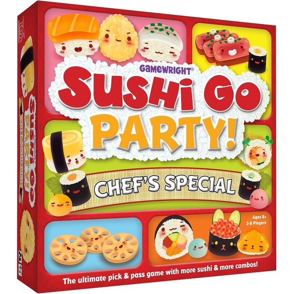 It’s time to roll out the rice and slice up some strategy - Sushi Go! Party Chef’s Special is here to spice up your game night! From the makers of the beloved Sushi Go! and Sushi Go! Party!, this new edition invites 2–8 players to dive into a deliciously dynamic card drafting experience like never before. Here’s how it works: Over three rounds, players draft sushi cards from passing hands, choosing the tastiest (and most strategic) dishes to build the highest-scoring meal. Stack up tempura, triple down on s