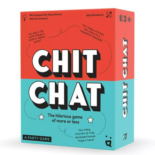 Get ready for some fun and laughter with Chit Chat, the cooperative game where teamwork and guesswork go hand in hand! Work together to guess the numbers that answer the quirky questions on the cards and arrange them in ascending order. Will your team achieve a perfect score, or will you be left scratching your heads? Test your estimation skills and enjoy the hilarious debates along the way