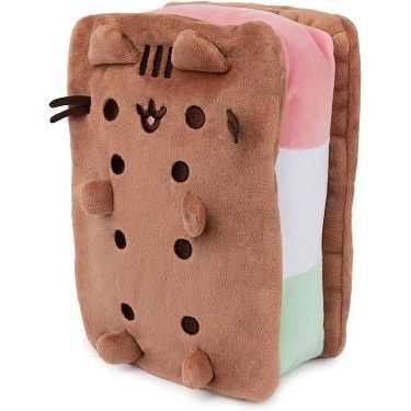 Pusheen is a creamy, dreamy frozen treat! This large, rectangular 9.5” plush features Pusheen as a delicious ice cream sandwich ready to be squeezed and loved. This delicious Neapolitan treat features pastel pink, white, and green ice cream layers sandwiched between two chocolate-brown cookies. The cookie is detailed with Pusheen’s adorable smile, ears, and her striped tail. Collectors, foodies, and Pusheen fans will love this adorable and unique design! Each Pusheen plush is designed with premium soft, sur