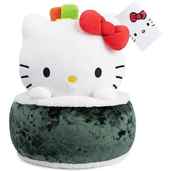 HELLO KITTY SUSHI PLUSH: This 10” plush features Hello Kitty as a sushi roll, peeking out from behind a dark green velvet piece of nori with three bright veggie sticks behind her head. The plush’s underside also has a red silhouette of HK’s head.