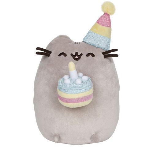 Pusheen is the snack-loving cat who loves to go on adventures with friends like Sloth, Stormy, Pip and Cheek in her popular webcomic with over 10 million social media fans! Celebrate a special birthday the Pusheen way with this 9.5-inch plush smiling Pusheen who looks like she got caught mid-song while holding a shimmering birthday cake with a candle for the birthday boy or girl. Pusheen wears a matching party hat in pretty striped pastels and iridecent sparkling fabric topped with a yellow poof. Pusheen is