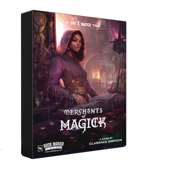 In Merchants of Magick, which takes place in the "Set a Watch" universe, you are the owner of a magic item shoppe, crafting items and researching spells to sell to the Adventurers of the Watch.
Each round, four polyhedral dice are rolled, then you select two of them to craft items or research enchantments for your shoppe. As you craft items and research spells, you start stocking items and earn potions that let you manipulate the dice. Adventurers travel from shoppe to shoppe, so you need to stock the exa