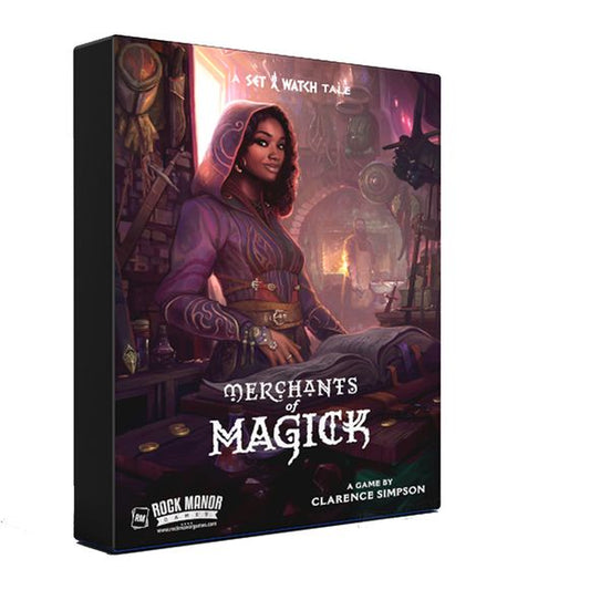 In Merchants of Magick, which takes place in the "Set a Watch" universe, you are the owner of a magic item shoppe, crafting items and researching spells to sell to the Adventurers of the Watch.
Each round, four polyhedral dice are rolled, then you select two of them to craft items or research enchantments for your shoppe. As you craft items and research spells, you start stocking items and earn potions that let you manipulate the dice. Adventurers travel from shoppe to shoppe, so you need to stock the exa