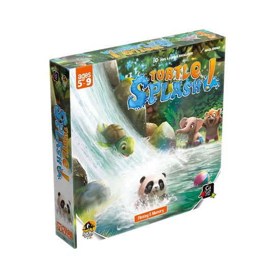 In Turtle Splash, Players take turns flicking the Turtle down the River to send it into the Lake. The closer it gets to the center, the more tiles you get to flip. If you flip an animal that matches the next spot on your player board, move one of your beach balls forward. If you have a bad flip and don’t match any animals, take a swim ring to help you later!
Remember where the animals are on other players’ turns so you can flip the ones you need. Be the first to get all three beach balls to the end of your