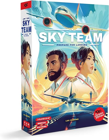 Sky Team is a co-operative limited-communication game, exclusively for two players, in which you play a pilot and co-pilot at the controls of an airliner. Your goal is to work together as a team to land your airplane in different airports around the world. To land your plane, you need to silently assign your dice to the correct spaces in your cockpit to balance the axis of your plane, control its speed, deploy the flaps, extend the landing gear, contact the control tower to clear your path, and even have a