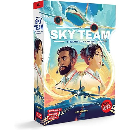 Sky Team is a co-operative limited-communication game, exclusively for two players, in which you play a pilot and co-pilot at the controls of an airliner. Your goal is to work together as a team to land your airplane in different airports around the world. To land your plane, you need to silently assign your dice to the correct spaces in your cockpit to balance the axis of your plane, control its speed, deploy the flaps, extend the landing gear, contact the control tower to clear your path, and even have a