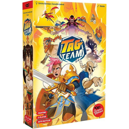 A new 2-player fighting game has entered the arena! Inspired by classic arcade fighting games, Tag Team is an auto battler combined with a deckbuilding game. Make your team of 2 Fighters and build an unbeatable synergy by combining their 2 unique decks! Each character has their own techniques and special moves. You start off with a deck of only 2 cards, and the Fight unfolds automatically: flip your cards one at a time and apply their effects. At the end of each round, you get to turn up the heat on the opp