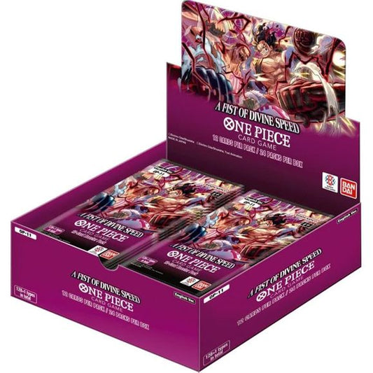 This listing is for a One Piece TCG - A Fist of Divine Speed (OP-11) Booster Box.
This set features many characters from the Whole Cake Island Arc, such as the Big Mom Pirates and the Vinsmoke Family. Leaders such as Katakuri and Nami return to the field with new strategies, allowing players to enjoy different playstyles! Players can use the new cards to strengthen a wide variety of existing decks. What`s more, decks built around the new cards are powerful enough to give newcomers a chance to compete with