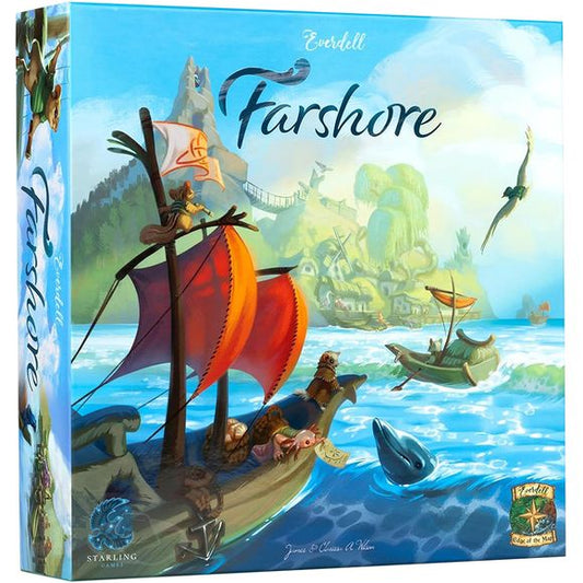 Farshore will send you on an epic seafaring adventure to explore and build in the rugged country north of Everdell Valley. Study the winds to sail your ship in search of valuable riches, compete for lucrative island locations before high tide rises, and be the first to claim valuable maps that will lead you to troves of treasures.