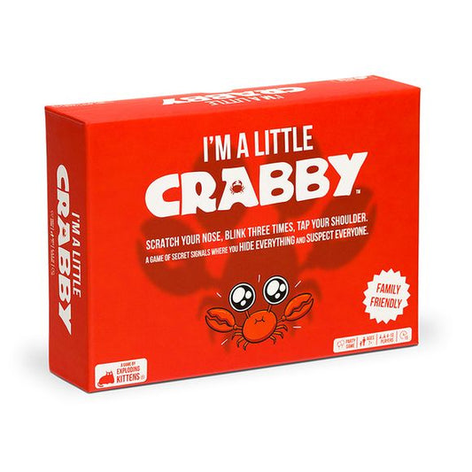 I’m A Little Crabby is a game of secret hand signals, suspicious friends, and hidden identities. Pick a partner and establish a secret signal, then collect a set of four matching cards. Once you get a matching set, try to tell your partner by using your secret signal. Be careful - if your opponents intercept your signal first, you lose a point. Hide everything and suspect everyone in this game of secret signals.