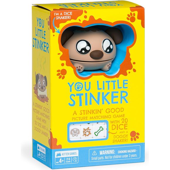 Shake up boring game nights with this dice game that's fun for the whole family. Put the dice in the Doggy Shaker - he spits it out when you're ready! Match the dice with the corresponding picture cards. Bones are super lucky, but watch out for those stinky mud puddles! The first player to get rid of all their dice wins. With a few lucky rolls and a few smart choices, you could be the Stinker that ends up on top! This is a great way to introduce kids to critical thinking and decision-making with a little si