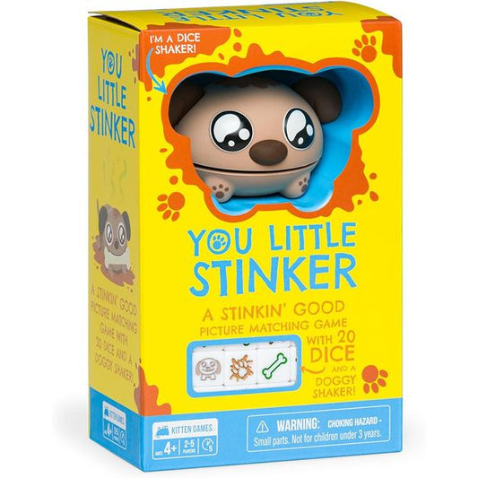 Shake up boring game nights with this dice game that's fun for the whole family. Put the dice in the Doggy Shaker - he spits it out when you're ready! Match the dice with the corresponding picture cards. Bones are super lucky, but watch out for those stinky mud puddles! The first player to get rid of all their dice wins. With a few lucky rolls and a few smart choices, you could be the Stinker that ends up on top! This is a great way to introduce kids to critical thinking and decision-making with a little si