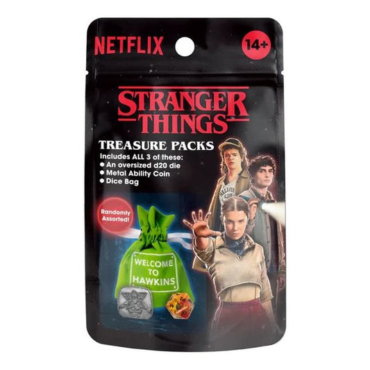 Gear up for adventure with Stranger Things Treasure Packs- a must-have for fans and tabletop adventurers alike! Each blind pack delivers three premium collectibles inspired by Hawkins' bravest heroes: Oversized d20 Die - Dramatic, high-quality, and perfect for your next big roll. Metal Ability Coin - Solid and collectible, with Stranger Things flair. Premium Embroidered Dice Bag - Stylish storage for your treasures.With 23 possible d20 designs, 15 unique coins, and 7 distinctive dice bags to collect, the th