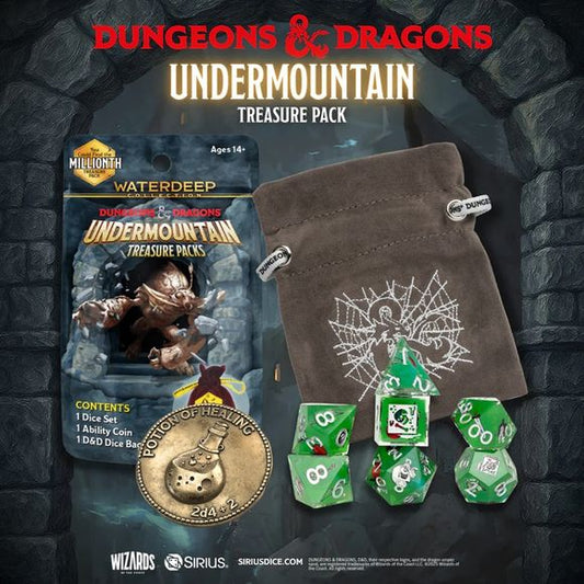 Descend into the legendary halls of Undermountain with the newest wave of D&D Treasure Packs! Each pack is a mystery, containing a complete dice set, collectible coin, and embroidered dice bag- featuring over 60 never-before-released dice sets, 27 coin designs, and 11 all-new bags inspired by the Mad Mage's domain. Rare, Legendary, and Artifact tiers await, including the powerful Secrets of the Undermountain and Power of the Mad Mage sets.This release also marks a milestone moment: the 1,000,000th Treasure