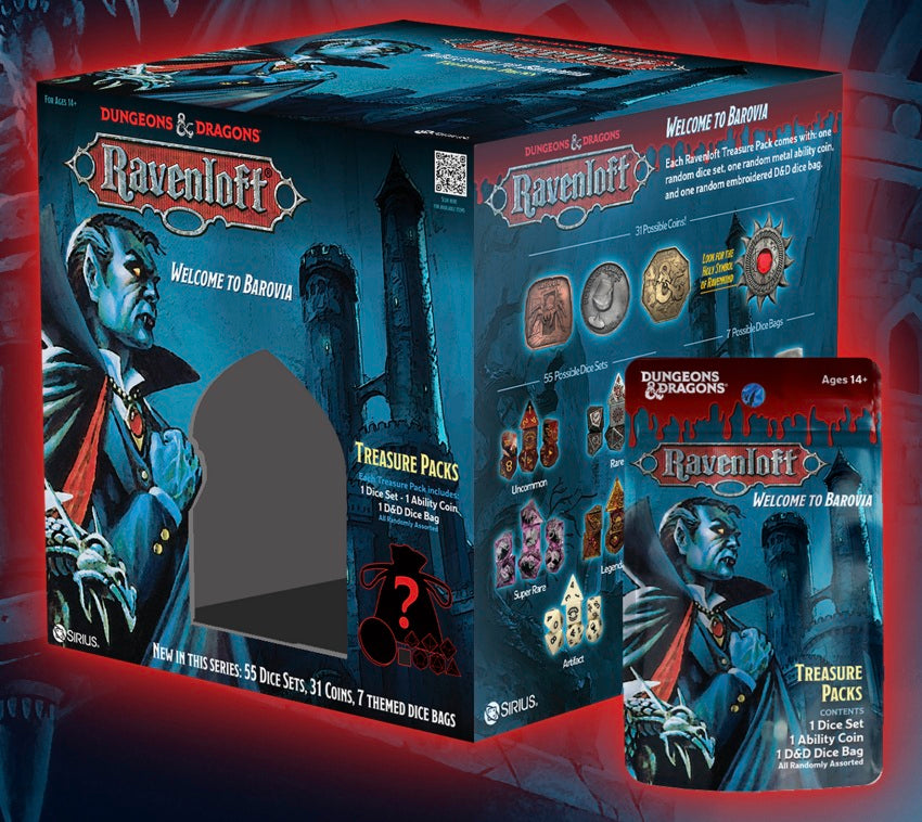 Discover why Treasure Packs have become one of the most popular ways to collect Dungeons & Dragons dice. Each pack combines the thrill of discovery with premium design and craftsmanship.
The Classic Ravenloft edition features a full polyhedral dice set, a matching dice bag, and a collectible metal ability coin— all inspired by the haunting gothic setting of Ravenloft.
Every pack is sealed for a true mystery experience.
Open the mists and reveal your fate.
1 randomized 7-dice-set with a randomized abilit