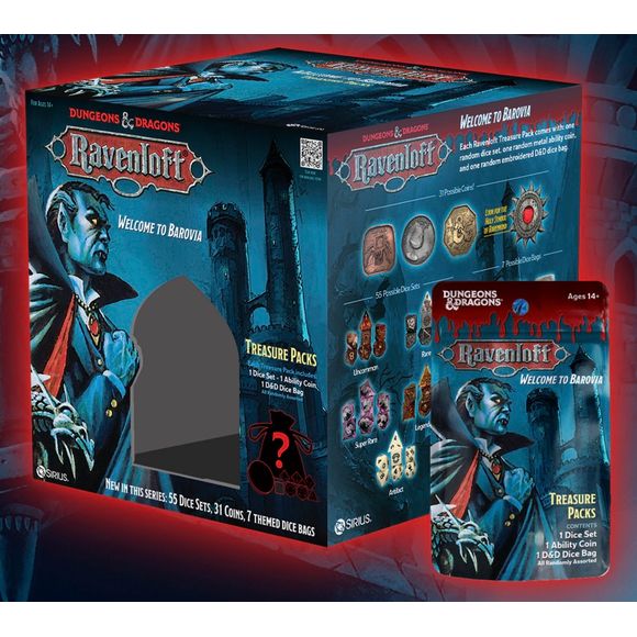 Discover why Treasure Packs have become one of the most popular ways to collect Dungeons & Dragons dice. Each pack combines the thrill of discovery with premium design and craftsmanship.
The Classic Ravenloft edition features a full polyhedral dice set, a matching dice bag, and a collectible metal ability coin— all inspired by the haunting gothic setting of Ravenloft.
Every pack is sealed for a true mystery experience.
Open the mists and reveal your fate.
1 randomized 7-dice-set with a randomized abilit