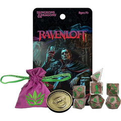 Enter the mists with the Dungeons & Dragons Mists of Ravenloft Treasure Packs! Inspired by the furthest reaches of the Shadowfell, these loot bags are packed with mysteries straight from the Domains of Dread: new dice sets, metal coins, and embroidered dice bags in every pack. Discover why Treasure Packs are one of the most popular ways to collect D&D dice! The Mists of Ravenloft edition includes a full polyhedral dice set, a matching embroidered dice bag, and a collectible metal ability coin—each piece a d