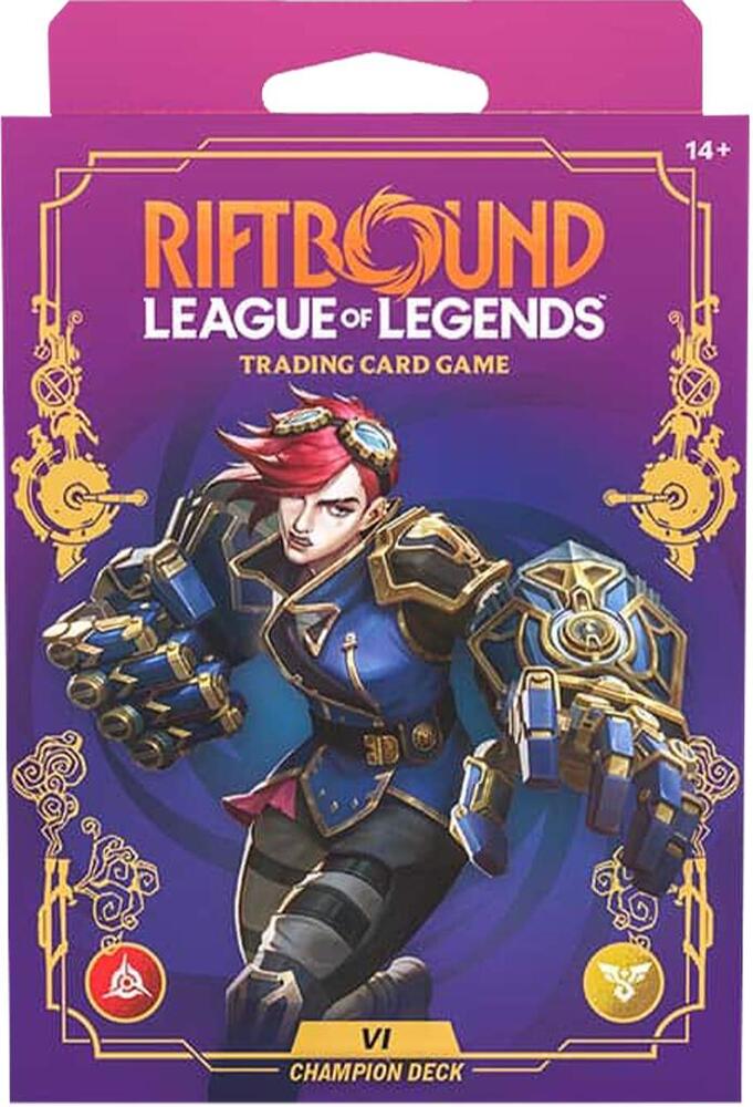 Let's get to the fun part! Vi has one goal in her Champion Deck: Punch. Really. Hard. This preconstructed 56-card deck shines by buffing units and slamming them around the battlefields, exactly how Vi likes to do business. Whether you're a new player ready to jump in or a proficient player looking for a fresh deck, Vi is ready to overcome any odds straight out of the box. Includes 1 Riftbound: Unleashed booster!