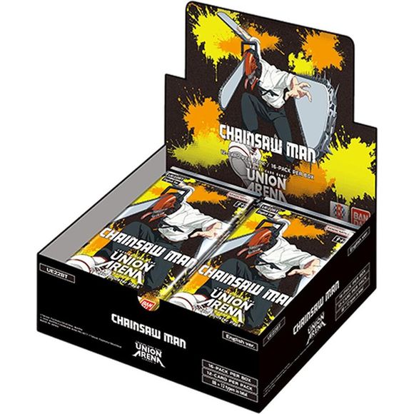 Chainsaw Man enters the battlefield of UNION ARENA!
The anime “Chainsaw Man” and “Chainsaw Man- The Movie: Reze Arc” join UNION ARENA! The lineup include characters like Denji, Chainsaw Man, Makima, Aki Hayakawa, Power, and Reze who appears in the movie!
16 packs per box
12 cards per pack