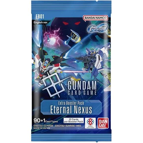 Release Date 6/26/2026
Eternal Nexus Booster Pack
Each pack 12 cards + 1 token/resource per Booster Pack
A battle that transcends generations begins with cards. The “SD Gundam G Generation Eternal” × “Gundam Card Game” collaboration is here.
This product contains numerous cards designed for multiplayer modes, such as team battles where two players form a team, and battle royale modes for up to four players.
A collaboration product between the app game "SD Gundam G Generation Eternal" and "GUNDAM CARD GAME"