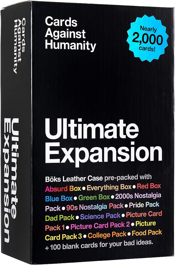 Cards Against Humanity only comes with 600 cards, and let’s be honest: you’ve played them to death. Don’t you wish you could recapture the joy of playing for the first time? Then get ready to transform your tired old main game into a 15-pound freight train of comedy with the Ultimate Expansion, which comes with nearly 2,000 expansion cards pre-packed in our fancy Bōks storage case