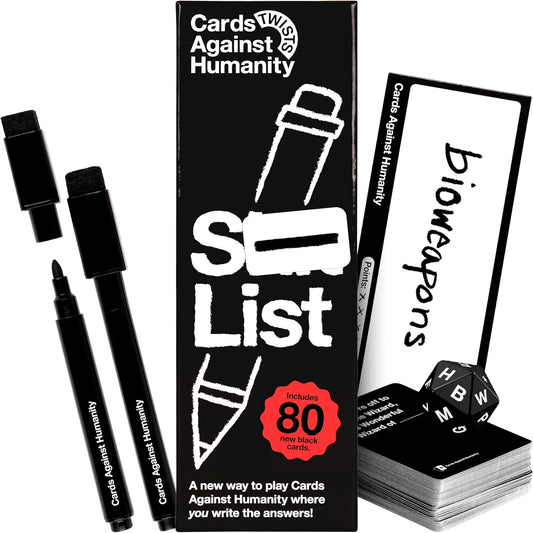 Cards Against Humanity: S⸺ List is a new party game where, at long last, YOU get to write your own answers to Cards Against Humanity black cards. You draw a black card, and then everyone secretly writes an answer starting with the same randomly-picked letter. Your mission: write the same thing as exactly ONE of your friends. Match with more? Too obvious. Match with nobody? Too weird. Hit the sweet spot, and your answer gets added to... THE S⸺ LIST! One of our new Cards Against Humanity Twists: All-new party