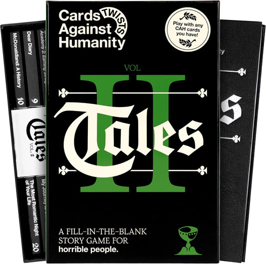 Want more Tales? Introducing VOLUME 2, the second edition of Cards Against Humanity's fill-in-the-blank story game for horrible people. Tales Volume 2 is a new party game about filling in the blanks of horrible stories with your favorite Cards Against Humanity cards. First, everyone picks cards for their own set of secret prompts—without knowing how their plays will fit into the story. Then you reveal the final adventure by reading it all out loud together.