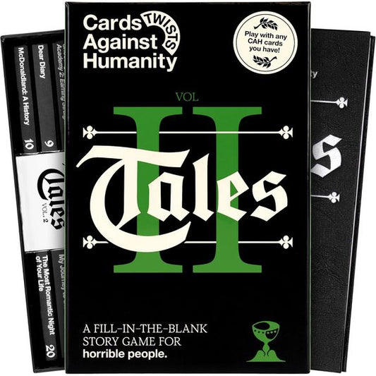 Want more Tales? Introducing VOLUME 2, the second edition of Cards Against Humanity's fill-in-the-blank story game for horrible people. Tales Volume 2 is a new party game about filling in the blanks of horrible stories with your favorite Cards Against Humanity cards. First, everyone picks cards for their own set of secret prompts—without knowing how their plays will fit into the story. Then you reveal the final adventure by reading it all out loud together.