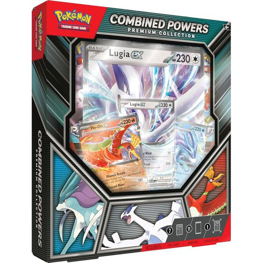 Elemental Forces at Your Command! Three Legendary Pokemon ex of the Johto region combine their powers in this exciting collection! Soar above the rainbow with Ho-Oh ex, dive deep below the waves with Lugia ex, and dash across the water with Suicune ex. Youll also find a foil card featuring Mr. Mime, an oversize card featuring Lugia ex, a trio of foil Pokemon Tool cards, and a big handful of booster packs to expand your collection! The Pokemon TCG: Combined Powers Premium Collection includes: 3 foil cards fe