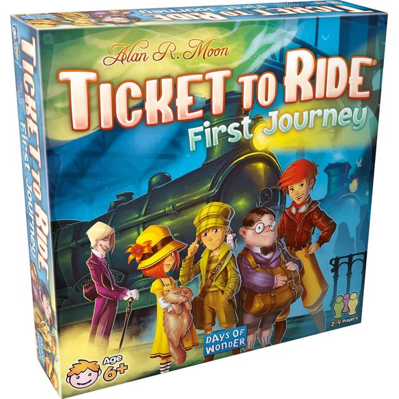 Players of all ages can now venture across America by train in Alan R. Moon's Ticket to Ride: First Journey! With a brand-new map and simplified rules, First Journey is the perfect way to introduce new players to the game of cross-country travel. Just like in Ticket to Ride, players collect train cards, claim routes, and try to connect cities coast-to-coast. In First Journey, though, routes are shorter, train cards are drawn straight from the deck, and the game ends when one player completes six tickets, cl