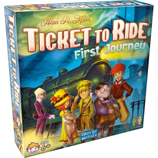Players of all ages can now venture across America by train in Alan R. Moon's Ticket to Ride: First Journey! With a brand-new map and simplified rules, First Journey is the perfect way to introduce new players to the game of cross-country travel. Just like in Ticket to Ride, players collect train cards, claim routes, and try to connect cities coast-to-coast. In First Journey, though, routes are shorter, train cards are drawn straight from the deck, and the game ends when one player completes six tickets, cl