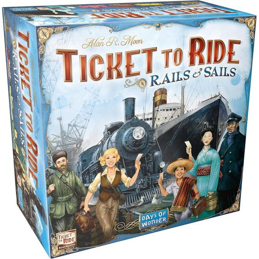 Ticket to Ride Rails & Sails is the new installment in this best-selling train adventure series. Players collect cards of various types (Trains and Ships) that enable them to claim railway and sea routes on a nicely illustrated double-sided board, featuring the world map on one side and the Great Lakes of North America on the other. Elegantly simple and fast to learn, it takes the Ticket to Ride series to the next level! Veteran railroaders as well as family and friends will be delighted to set sail to the