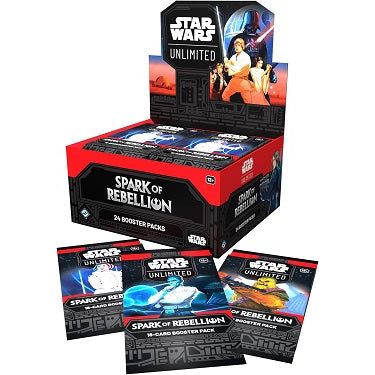 In this booster pack display for the game’s first set, Spark of Rebellion, players will find 24 individually wrapped booster packs. Each pack contains 9 common cards, 3 uncommon cards, 1 rare or legendary card, 1 leader, 1 base/token, and 1 foil card. The Spark of Rebellion set features characters and content from the original Star Wars trilogy, Rogue One: A Star Wars Story, and the Star Wars: Rebels series, and more!