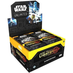 In this booster pack display for the game’s fourth set, Jump to Lightspeed, players will find 24 individually wrapped booster packs. Each pack contains 9 common cards, 3 uncommon cards, 1 rare or legendary card, 1 leader, 1 base/token, and 1 foil card.
Contents:
• 24 Jump to Lightspeed Booster Packs, each containing:
• 16 Star Wars: Unlimited Jump to Lightspeed cards
• 1 Rare or Legendary card
• 9 Common cards
• 3 Uncommon Cards
• 1 Leader Card
• 1 Base/Token
• 1 Foil Card