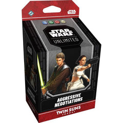 Return to the iconic Clone Wars era for epic Twin Suns clashes! In this easy-to-learn multiplayer twist on the Star Wars: Unlimited trading card game, 3 to 4 players face off in a free-for-all battle featuring beloved Star Wars characters from across the galaxy.
This Aggressive Negotiations prebuilt, 80-card Twin Suns deck can be used to jump-start your Star Wars: Unlimited multiplayer adventure. This deck features Anakin Skywalker and Padmé Amidala as your leaders.
Each deck features exclusive leaders, uni