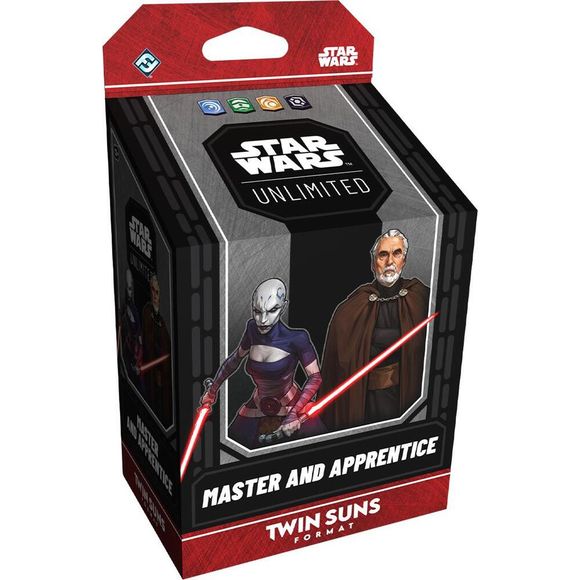 Return to the iconic Clone Wars era for epic Twin Suns clashes! In this easy-to-learn multiplayer twist on the Star Wars: Unlimited trading card game, 3 to 4 players face off in a free-for-all battle featuring beloved Star Wars characters from across the galaxy.
This Master and Apprentice prebuilt, 80-card Twin Suns deck can be used to jump-start your Star Wars: Unlimited multiplayer adventure. This deck features Count Dooku and Asajj Ventress as your leaders.
Each deck features exclusive leaders, units, ev