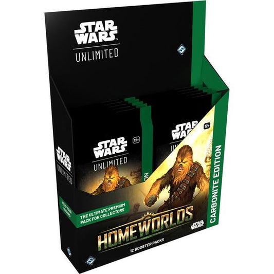 Enhance your Star Wars : Unlimited collection with special Carbonite booster packs! These special premium packs are loaded with variant cards with special aesthetic treatments, making them the perfect packs for collectors. In this Carbonite booster pack display for the game's eighth set, Homeworlds, you'll find:
12 individually wrapped Carbonite booster packs. Each pack contains approximately:
1 Hyperspace/Showcase leader card
6 premium foil cards
1 foil rare or legendary card
1 Carbonite-exclusive Prestige