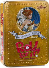 Roll It! Match It! Score It! It`s all the action and all the fun of Roll For It! now in a deluxe format! Combining the contents of both the red and purple editions, and now supporting 2-8 players, this Deluxe Edition of Roll For It! comes complete with 48 stunning dice, a crushed velvet dice bag embroidered with the Roll For It! logo, and 60 exquisitely detailed cards featuring your favorite Calliope characters, all packaged in a beautifully embossed tin - which doubles as a dice tray - that fits perfectly