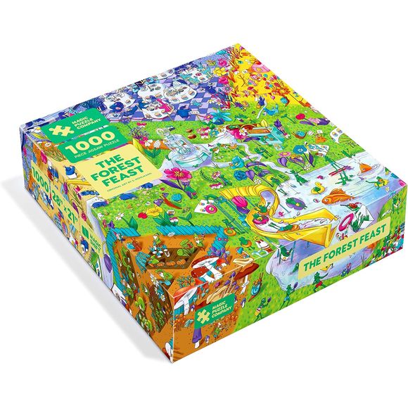 The Forest Feast. We’re using ideas from game design, optical illusions, and magic to make this the most interesting and engaging puzzle you've ever solved. Magic Puzzles are printed on premium Dutch puzzle cardboard so they snap together and stay put. Each puzzle comes with two large posters of the artwork so multiple people can all work together. And when you’re done, everything can be packed back into resealable bags so you can gift it forward. Magic Puzzles have NO puzzle dust in the box and have NO sin