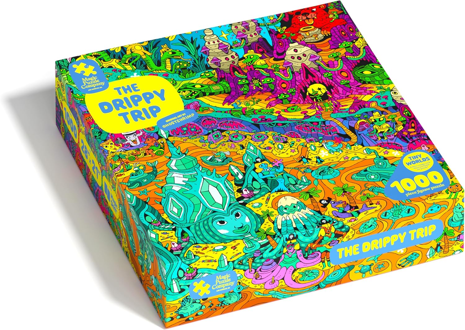 The Drippy Trip is a brand new 1000-piece jigsaw puzzle that does a magic trick when you finish it. Beautiful, original artwork full of tiny details, including over 50 easter eggs to discover as you solve the puzzle. Mind-blowing magical ending: we’re using ideas from visual illusions and magic to make this the most interesting puzzle you’ve ever solved. NO puzzle dust! NO single-use plastic! NO stock images or AI-generated art!