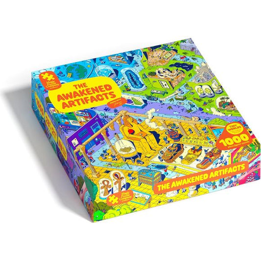 The Awakened Artifacts is a brand new 1000-piece jigsaw puzzle that does a magic trick when you finish it. Beautiful, original artwork full of tiny details, including over 50 easter eggs to discover as you solve the puzzle. Mind-blowing magical ending: we’re using ideas from visual illusions and magic to make this the most interesting puzzle you’ve ever solved. NO puzzle dust! NO single-use plastic! NO stock images or AI-generated art!