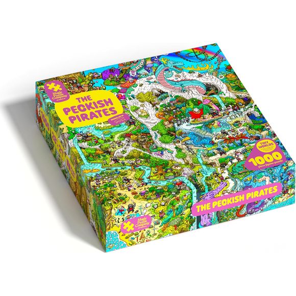 The Peckish Pirates is a brand new 1000-piece jigsaw puzzle that does a magic trick when you finish it. Beautiful, original artwork full of tiny details, including over 50 easter eggs to discover as you solve the puzzle. Mind-blowing magical ending: we’re using ideas from visual illusions and magic to make this the most interesting puzzle you’ve ever solved. NO puzzle dust! NO single-use plastic! NO stock images or AI-generated art!