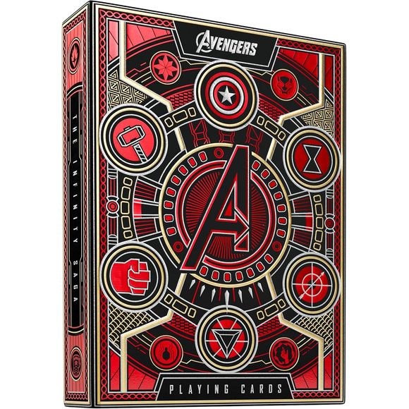 THE INFINITY SAGA IN YOUR HAND. The outer packaging is simply jaw-dropping. The radiant, red foil shimmers and glows like the reality stone at every angle. Complete with gold foil accents and precise embossing, the ultra-lux outer packaging is truly representative of the legendary Infinity Saga.
INSIDE AND OUT COMPLETE CUSTOM ARTWORK. AVENGERS: Infinity Saga playing cards feature completely custom artwork in every aspect of the design, with the Aces, Jokers, box design, and court cards inspired directly by