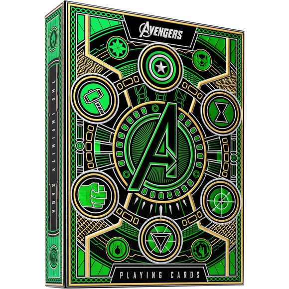 THE INFINITY SAGA IN YOUR HAND. The outer packaging is simply jaw-dropping. The radiant, green foil shimmers and glows like the reality stone at every angle. Complete with gold foil accents and precise embossing, the ultra-lux outer packaging is truly representative of the legendary Infinity Saga.
INSIDE AND OUT COMPLETE CUSTOM ARTWORK. AVENGERS: Infinity Saga playing cards feature completely custom artwork in every aspect of the design, with the Aces, Jokers, box design, and court cards inspired directly b