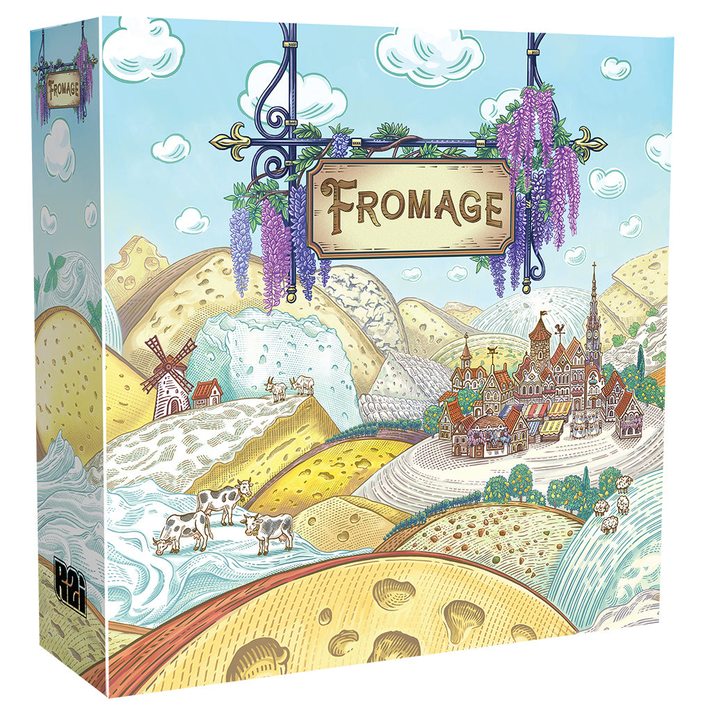 You are a French cheesemaker in the early 20th century making, aging, and selling your artisanal cheeses. Become the most prestigious cheesemaker in all of France by running a highly successful creamery and crafting exceptional cheese.
Fromage is a simultaneous worker-placement game where players place Workers to make cheese and gather resources from the quadrant of the board facing them. Once all players have placed their Workers, the board rotates, aging any cheese that was made, and presenting each play