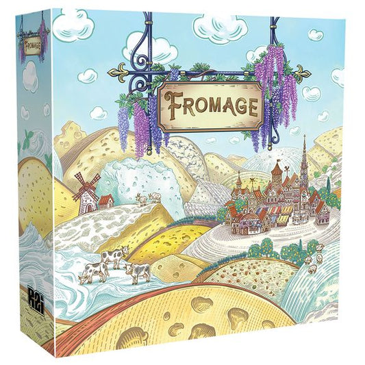 You are a French cheesemaker in the early 20th century making, aging, and selling your artisanal cheeses. Become the most prestigious cheesemaker in all of France by running a highly successful creamery and crafting exceptional cheese.
Fromage is a simultaneous worker-placement game where players place Workers to make cheese and gather resources from the quadrant of the board facing them. Once all players have placed their Workers, the board rotates, aging any cheese that was made, and presenting each play