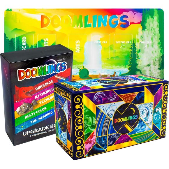 DELUXE BUNDLE INCLUDES:
☼ Doomlings Base Game - 167 Cards from the Doomlings Classic game!
☼ Doomlings: Upgrade Expansion - A 81-card multi-expansion set that adds tons of traits and ages from the distant past and future of Enderas to the game.
Multi-Color Expansion - These unique cards count as multiple colors, leading to extra bonuses!
Dinolings Expansion - For those interested in adding a little Jurassic flavor to the game.
Mythlings Expansion - A fantasy-themed addition that focuses on mischief an