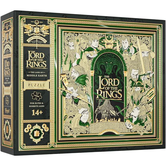 ONE PUZZLE TO RULE THEM ALL: Journey into Middle-earth with this premium jigsaw puzzle, featuring a multi-dimensional twist!
THE LAND OF MIDDLE-EARTH, PIECE BY PIECE: Adapting fully custom artwork from our best-selling Lord of the Rings Playing Cards, this 1,000 piece jigsaw puzzle brings the iconic characters and references from the series to life in vivid detail. The puzzle pieces themselves feature a mix of elegant gold and green foil, and arrive nestled inside a premium carrying pouch.
A MULTI-DIMENSION
